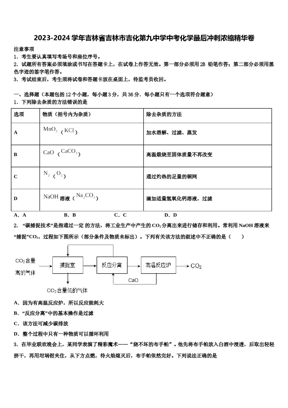 2023-2024学年吉林省吉林市吉化第九中学中考化学最后冲刺浓缩精华卷含解析.doc_第1页