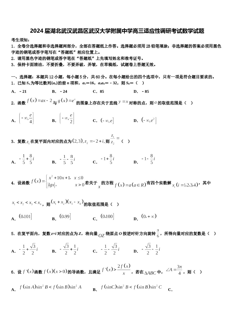 2024届湖北武汉武昌区武汉大学附属中学高三适应性调研考试数学试题含解析.doc_第1页