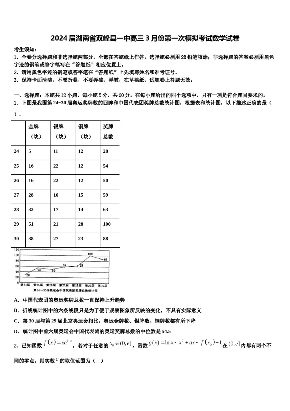 2024届湖南省双峰县一中高三3月份第一次模拟考试数学试卷含解析.doc_第1页
