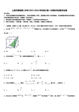 上海市曹杨第二中学2023-2024学年高三第一次模拟考试数学试卷含解析.doc