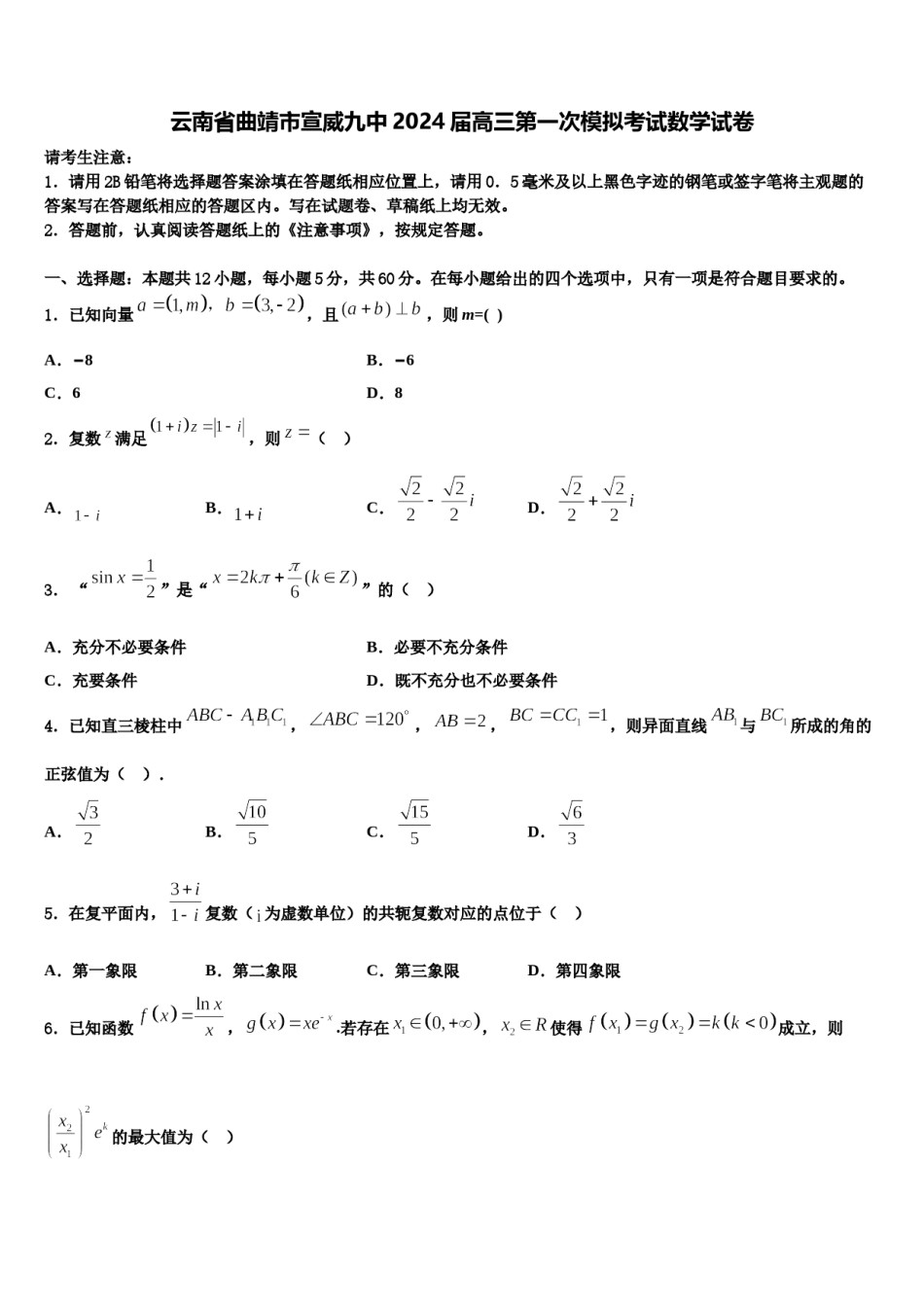 云南省曲靖市宣威九中2024届高三第一次模拟考试数学试卷含解析.doc_第1页