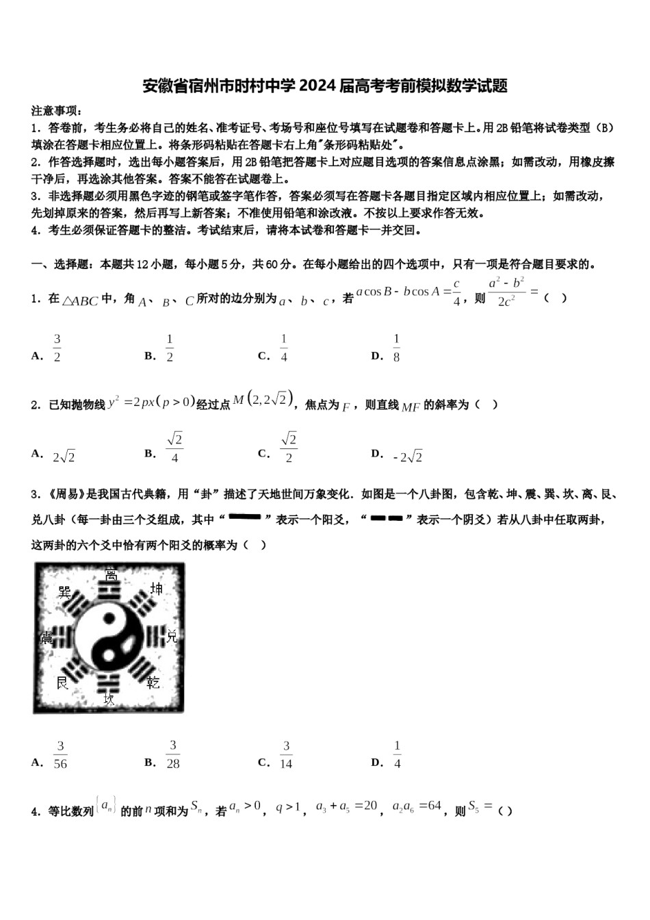 安徽省宿州市时村中学2024届高考考前模拟数学试题含解析.doc_第1页