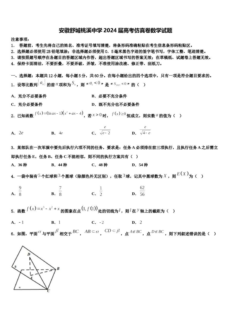 安徽舒城桃溪中学2024届高考仿真卷数学试题含解析.doc_第1页