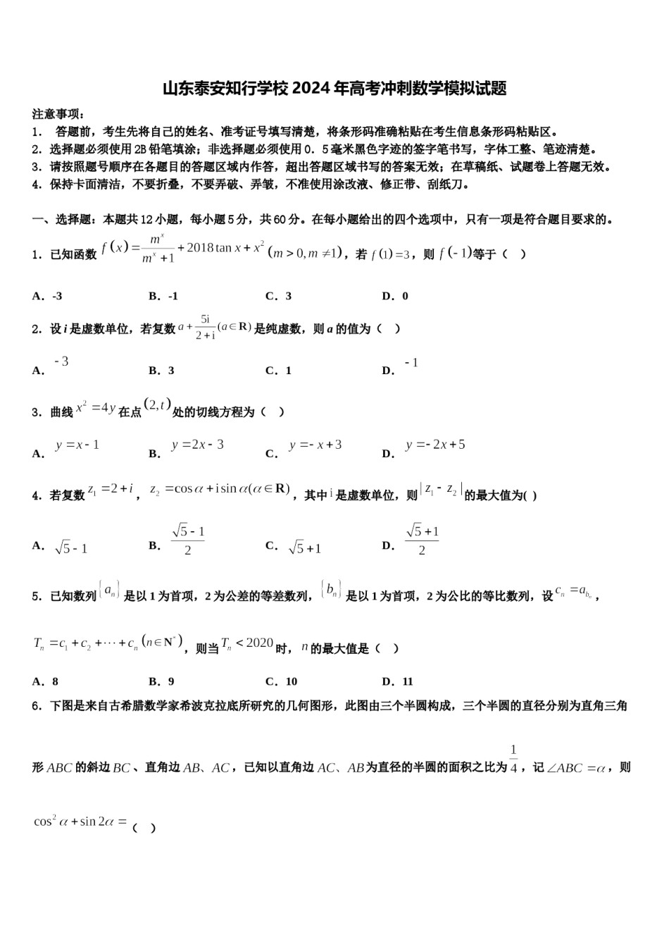 山东泰安知行学校2024年高考冲刺数学模拟试题含解析.doc_第1页