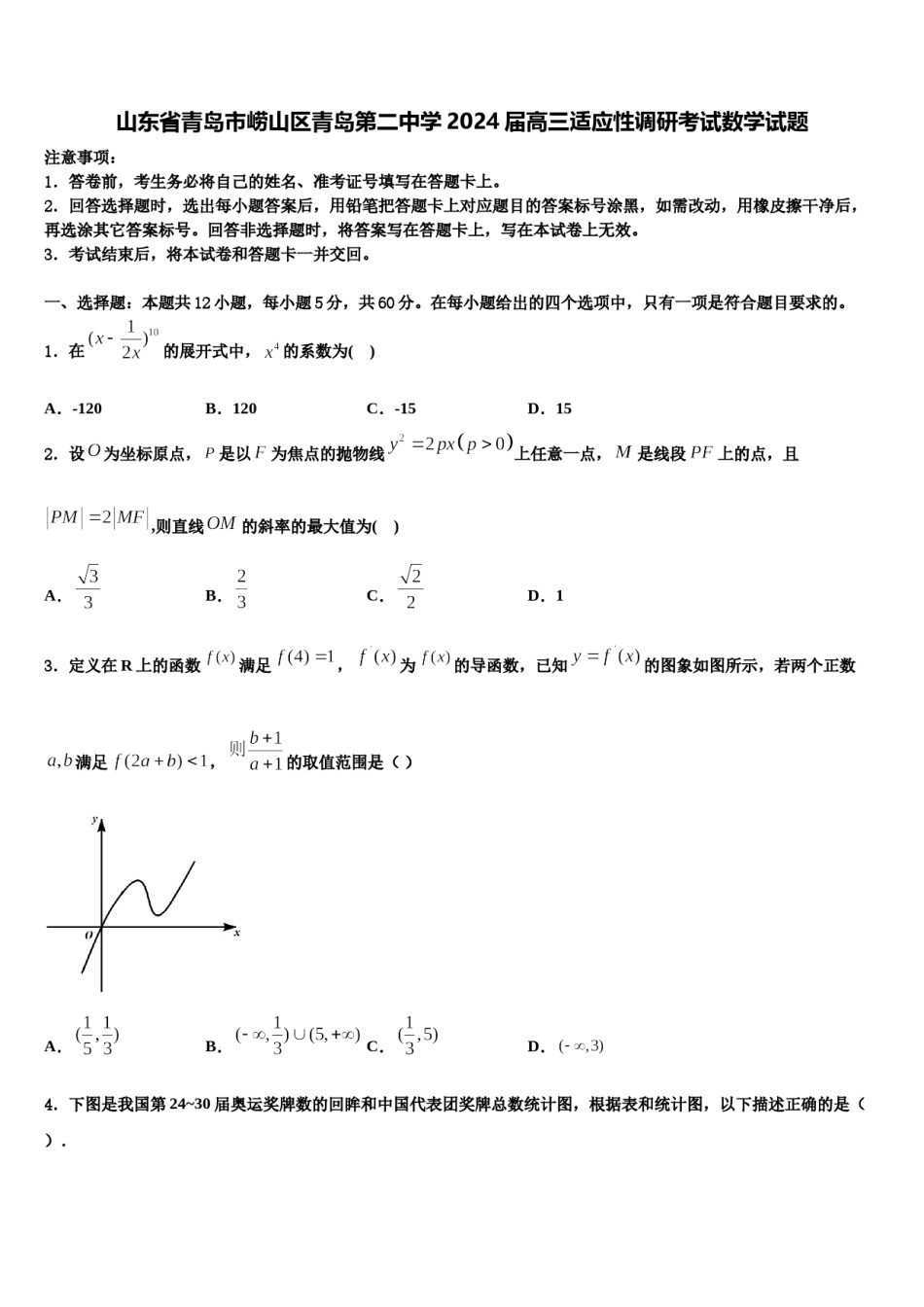 山东省青岛市崂山区青岛第二中学2024届高三适应性调研考试数学试题含解析.doc_第1页