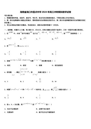 海南省海口市重点中学2024年高三冲刺模拟数学试卷含解析.doc