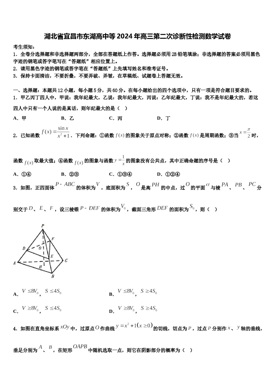 湖北省宜昌市东湖高中等2024年高三第二次诊断性检测数学试卷含解析.doc_第1页