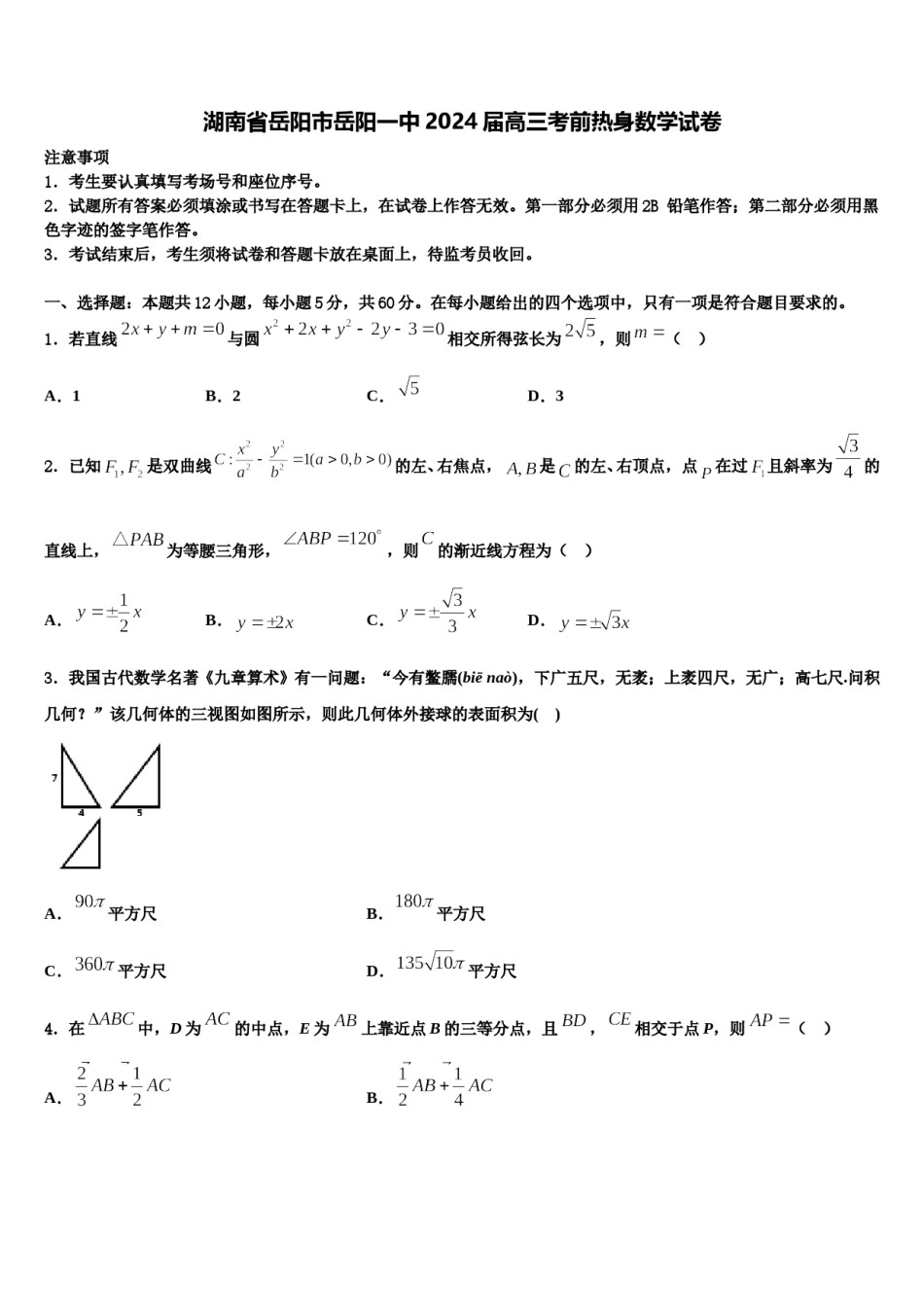 湖南省岳阳市岳阳一中2024届高三考前热身数学试卷含解析.doc_第1页