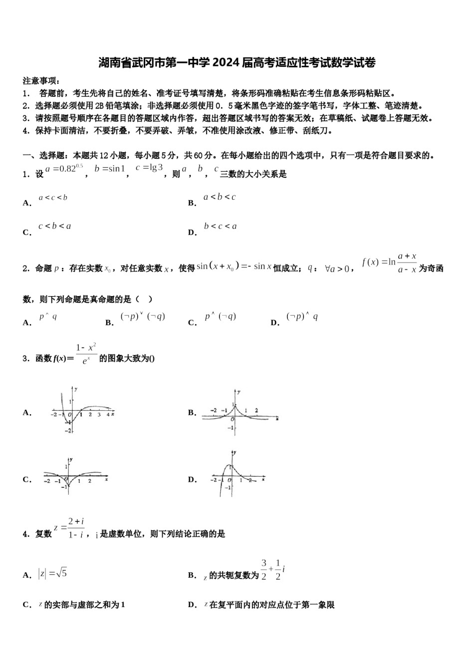 湖南省武冈市第一中学2024届高考适应性考试数学试卷含解析.doc_第1页