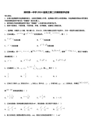 潍坊第一中学2024届高三第二次调研数学试卷含解析.doc