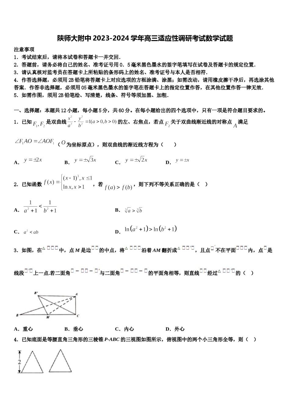 陕师大附中2023-2024学年高三适应性调研考试数学试题含解析.doc_第1页