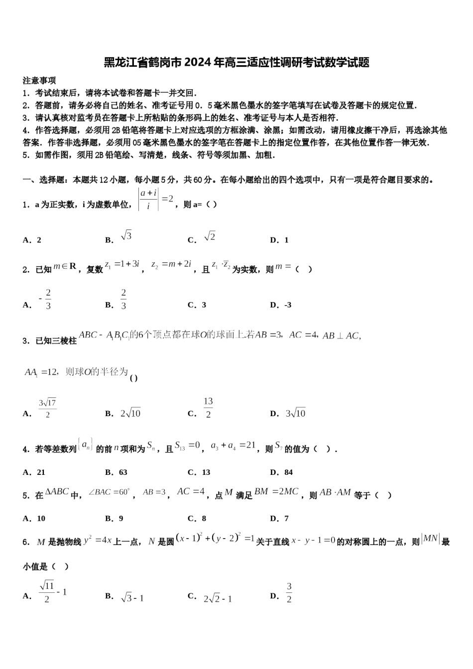 黑龙江省鹤岗市2024年高三适应性调研考试数学试题含解析.doc_第1页
