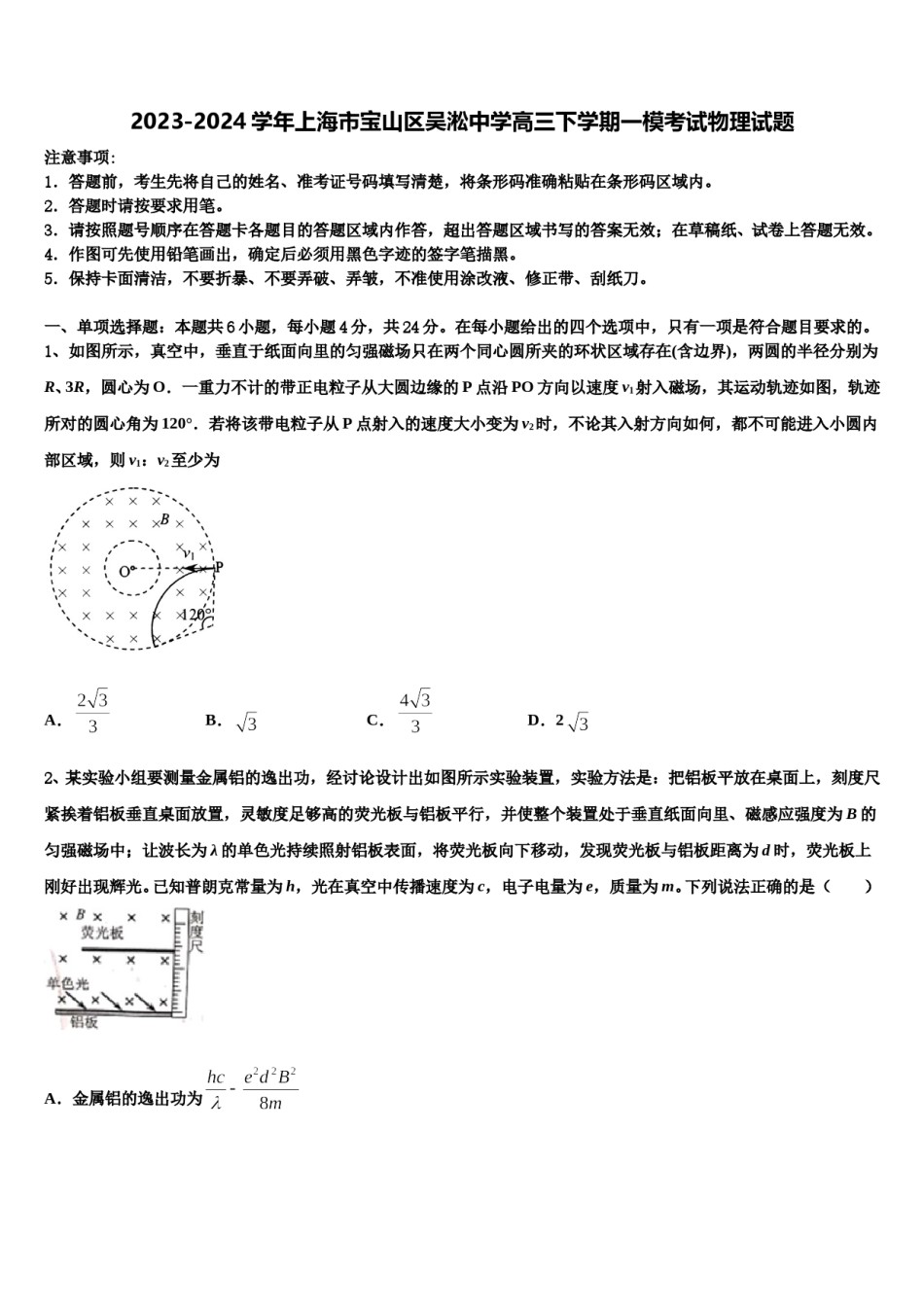 2023-2024学年上海市宝山区吴淞中学高三下学期一模考试物理试题含解析.doc_第1页