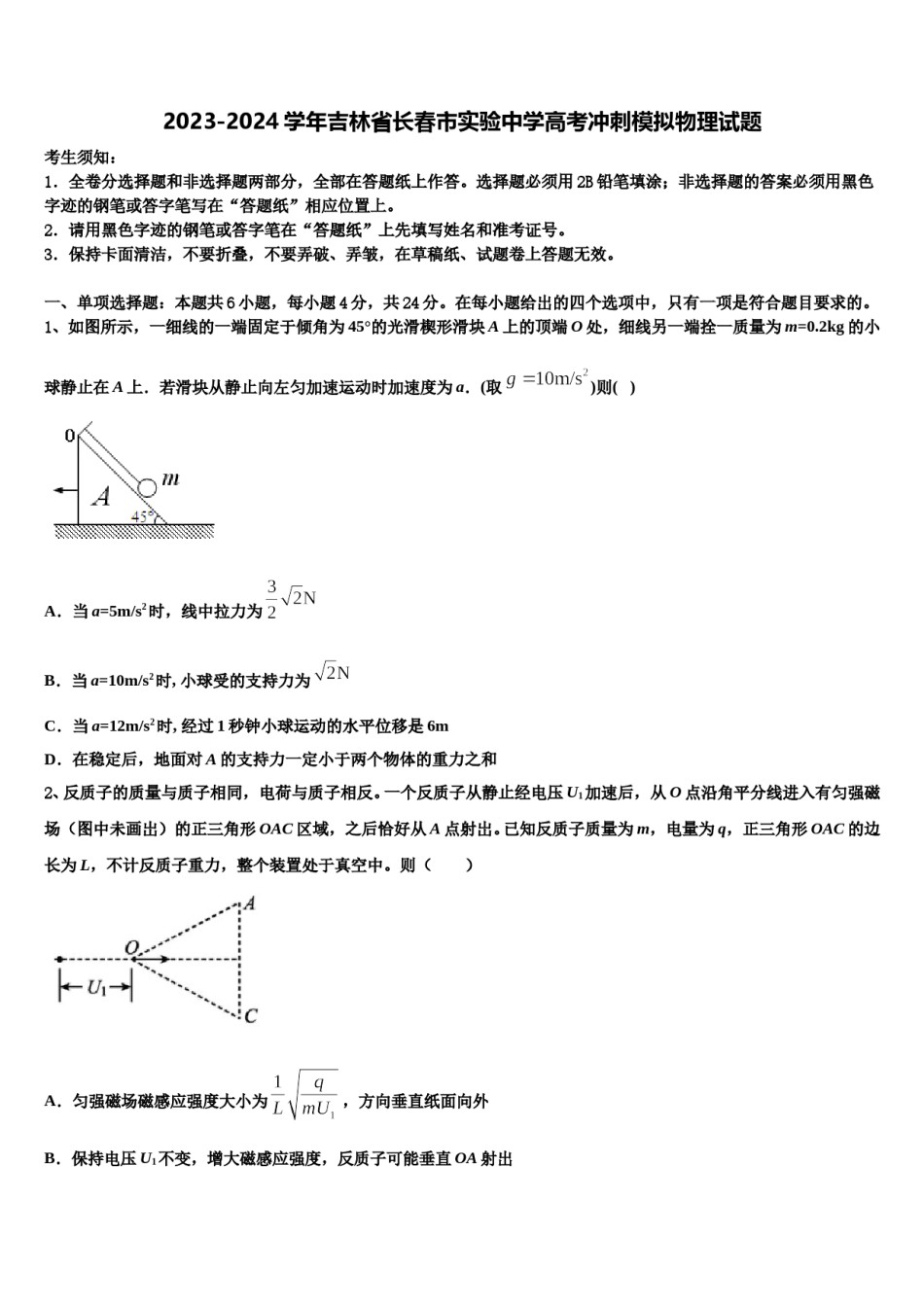 2023-2024学年吉林省长春市实验中学高考冲刺模拟物理试题含解析.doc_第1页
