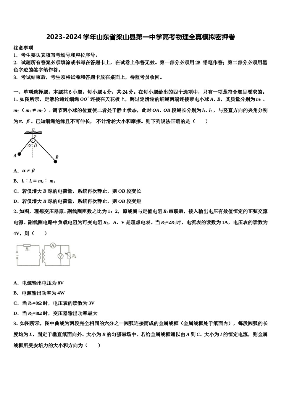 2023-2024学年山东省梁山县第一中学高考物理全真模拟密押卷含解析.doc_第1页