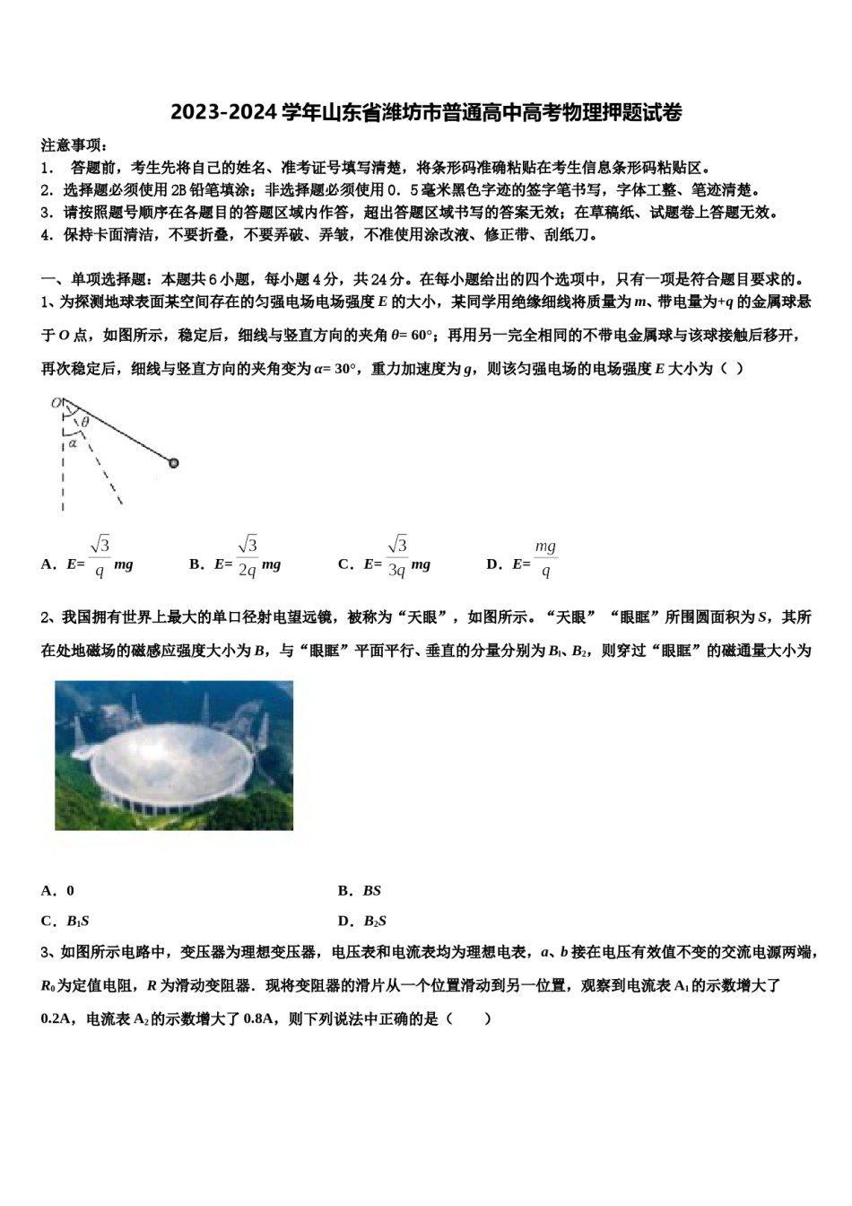 2023-2024学年山东省潍坊市普通高中高考物理押题试卷含解析.doc_第1页