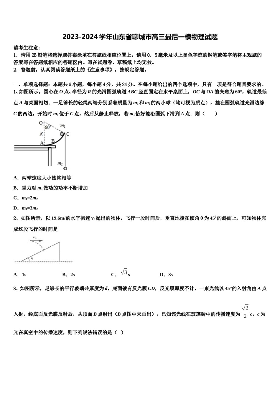 2023-2024学年山东省聊城市高三最后一模物理试题含解析.doc_第1页