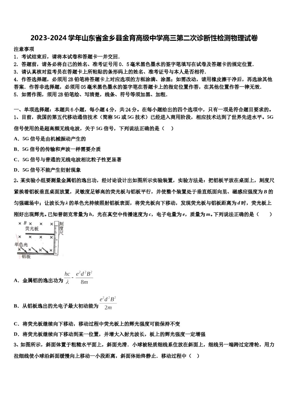 2023-2024学年山东省金乡县金育高级中学高三第二次诊断性检测物理试卷含解析.doc_第1页