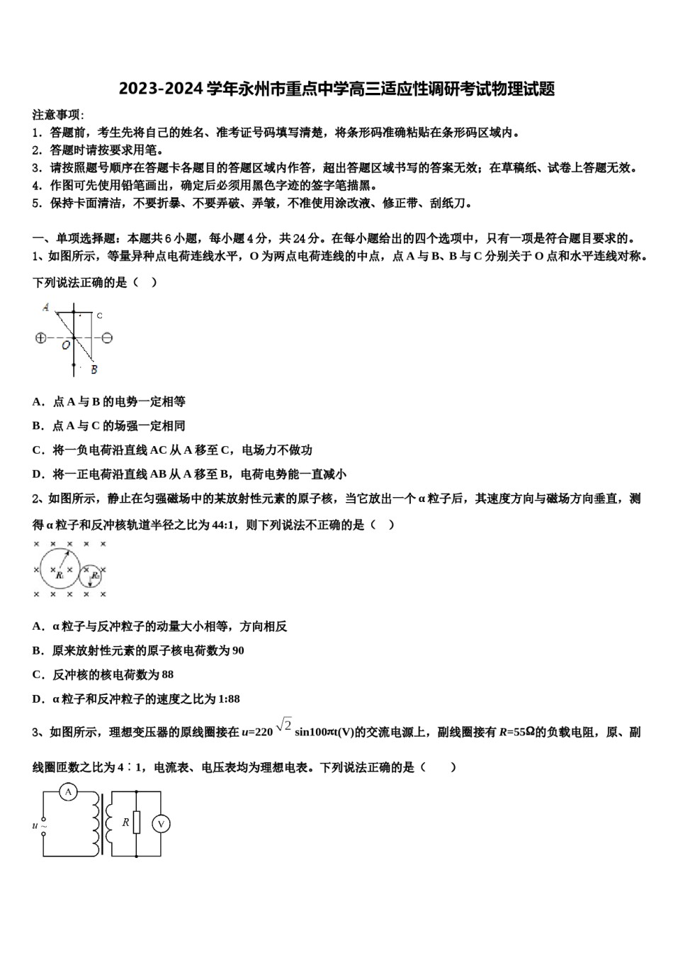 2023-2024学年永州市重点中学高三适应性调研考试物理试题含解析.doc_第1页