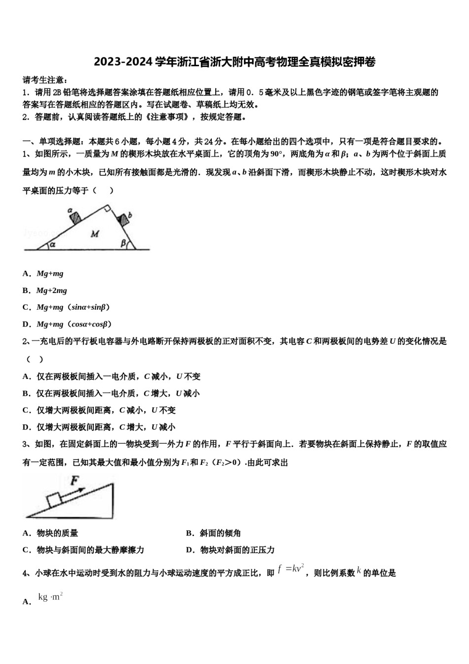 2023-2024学年浙江省浙大附中高考物理全真模拟密押卷含解析.doc_第1页