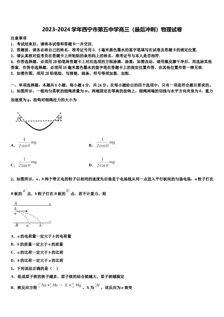 2023-2024学年西宁市第五中学高三（最后冲刺）物理试卷含解析.doc_第1页