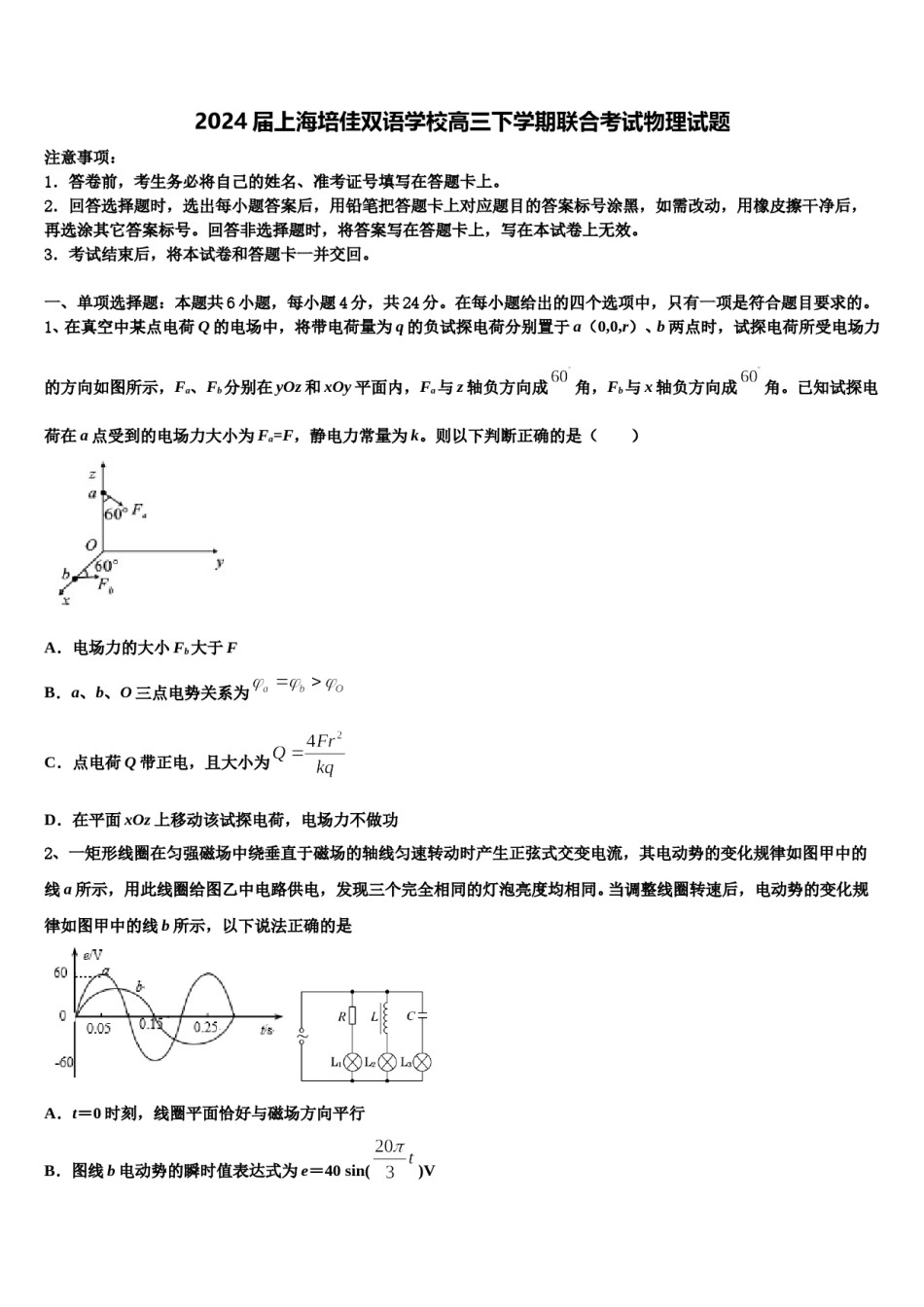 2024届上海培佳双语学校高三下学期联合考试物理试题含解析.doc_第1页