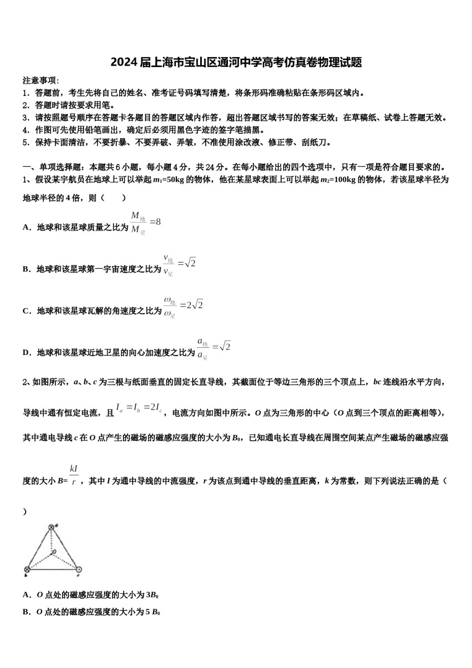 2024届上海市宝山区通河中学高考仿真卷物理试题含解析.doc_第1页