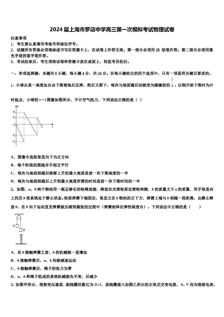 2024届上海市罗店中学高三第一次模拟考试物理试卷含解析.doc_第1页