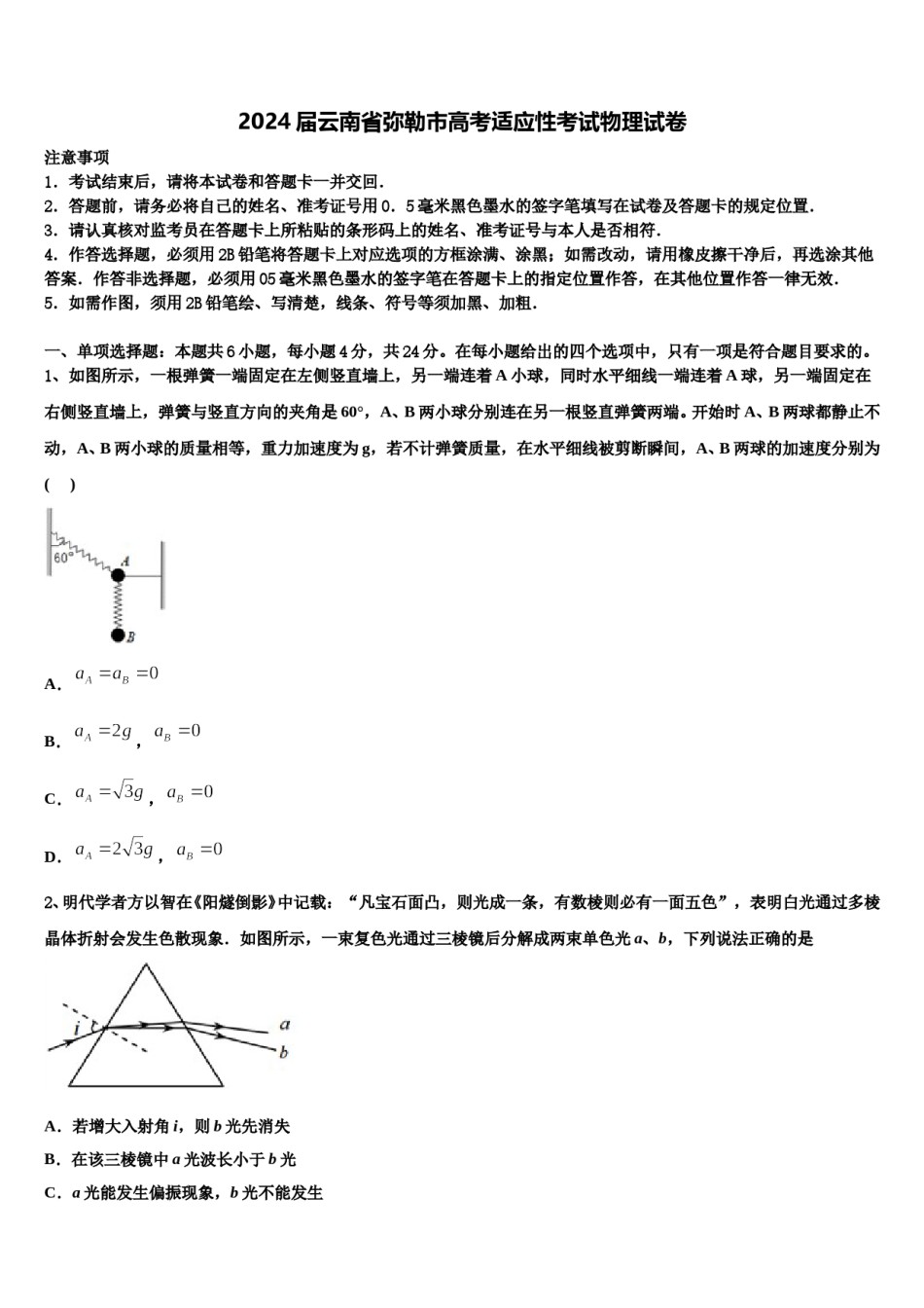 2024届云南省弥勒市高考适应性考试物理试卷含解析.doc_第1页