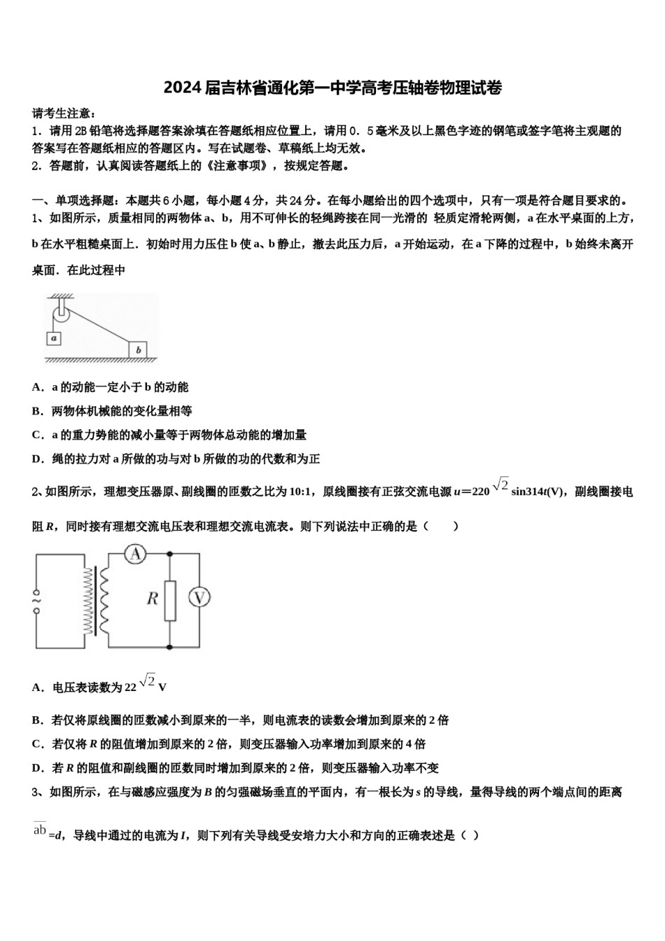 2024届吉林省通化第一中学高考压轴卷物理试卷含解析.doc_第1页