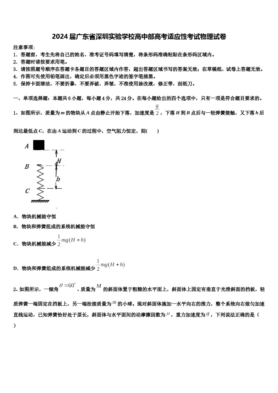 2024届广东省深圳实验学校高中部高考适应性考试物理试卷含解析.doc_第1页