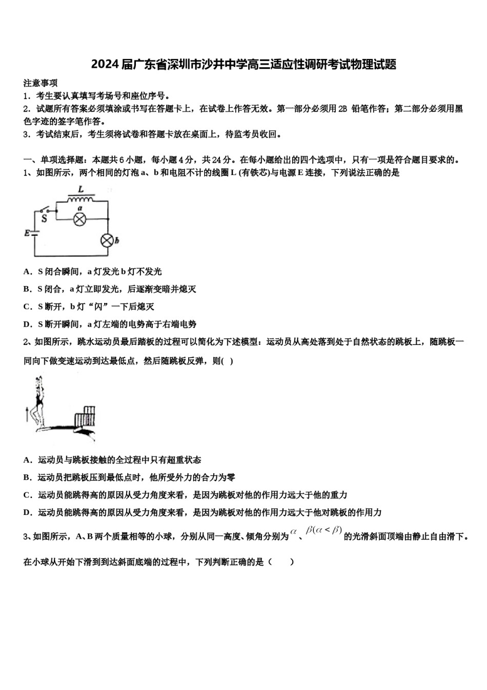 2024届广东省深圳市沙井中学高三适应性调研考试物理试题含解析.doc_第1页
