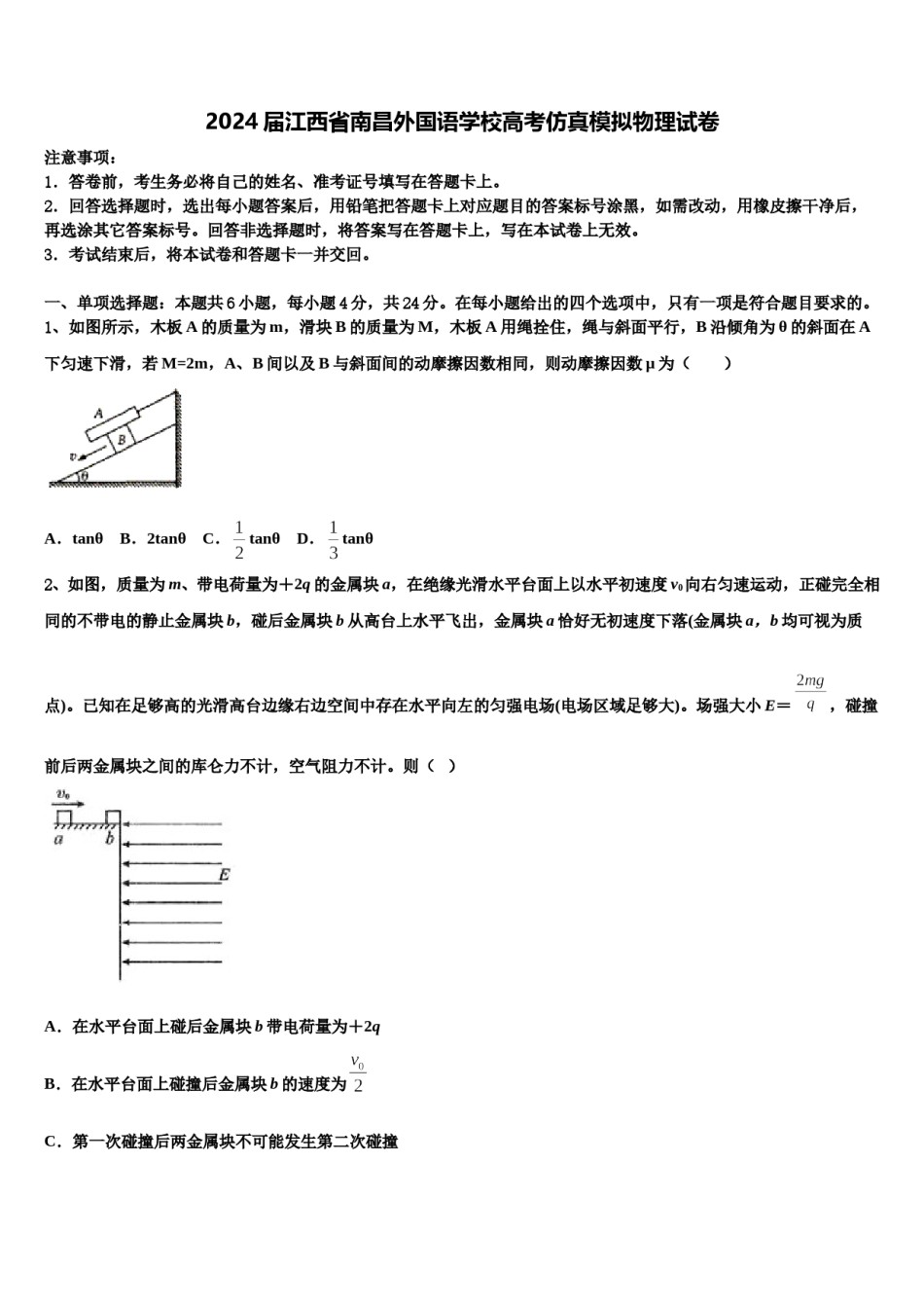 2024届江西省南昌外国语学校高考仿真模拟物理试卷含解析.doc_第1页