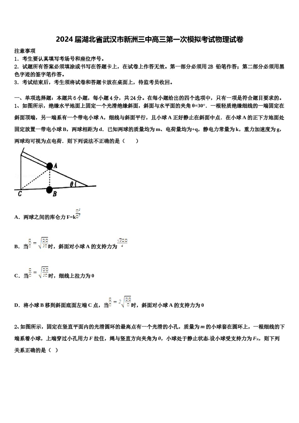 2024届湖北省武汉市新洲三中高三第一次模拟考试物理试卷含解析.doc_第1页
