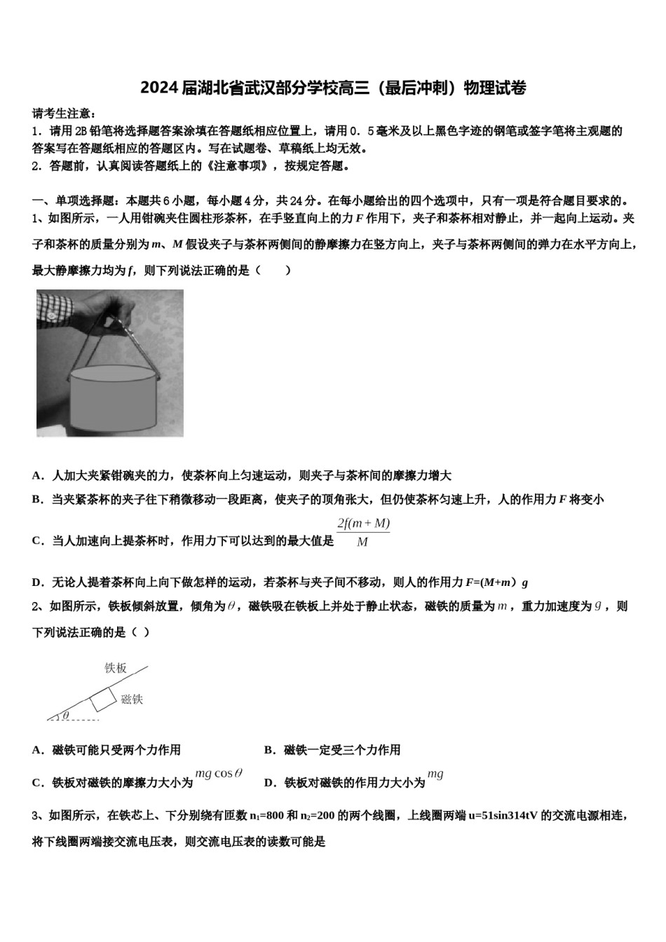 2024届湖北省武汉部分学校高三（最后冲刺）物理试卷含解析.doc_第1页