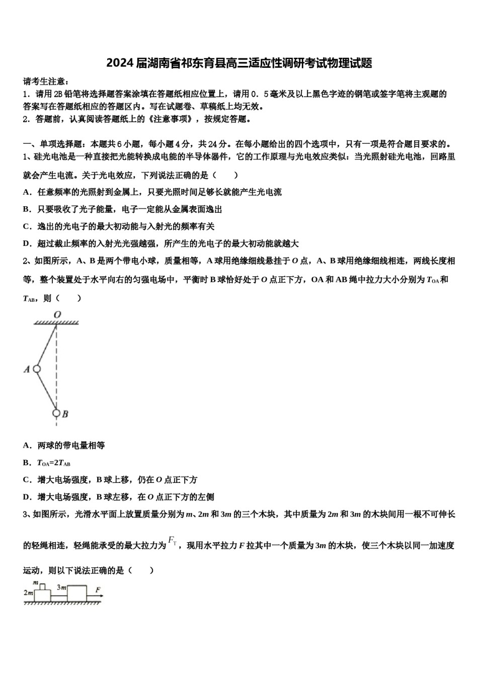 2024届湖南省祁东育县高三适应性调研考试物理试题含解析.doc_第1页