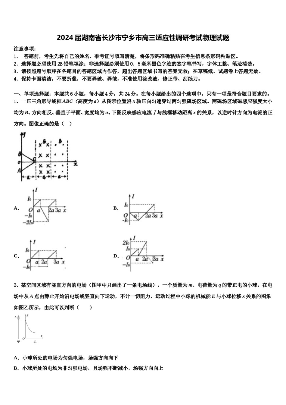 2024届湖南省长沙市宁乡市高三适应性调研考试物理试题含解析.doc_第1页