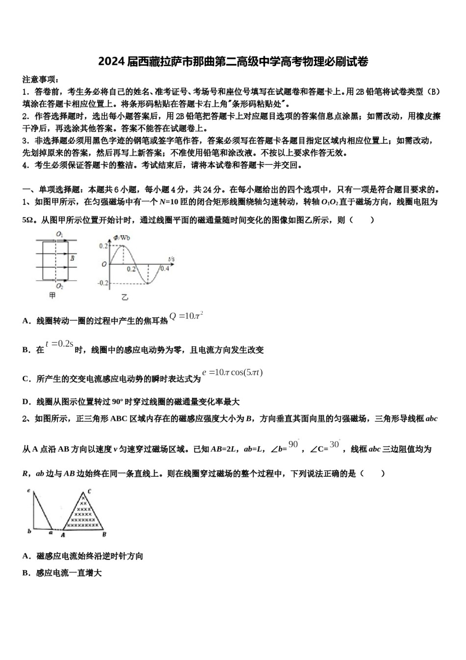2024届西藏拉萨市那曲第二高级中学高考物理必刷试卷含解析.doc_第1页