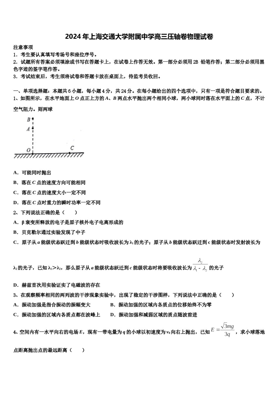 2024年上海交通大学附属中学高三压轴卷物理试卷含解析.doc_第1页
