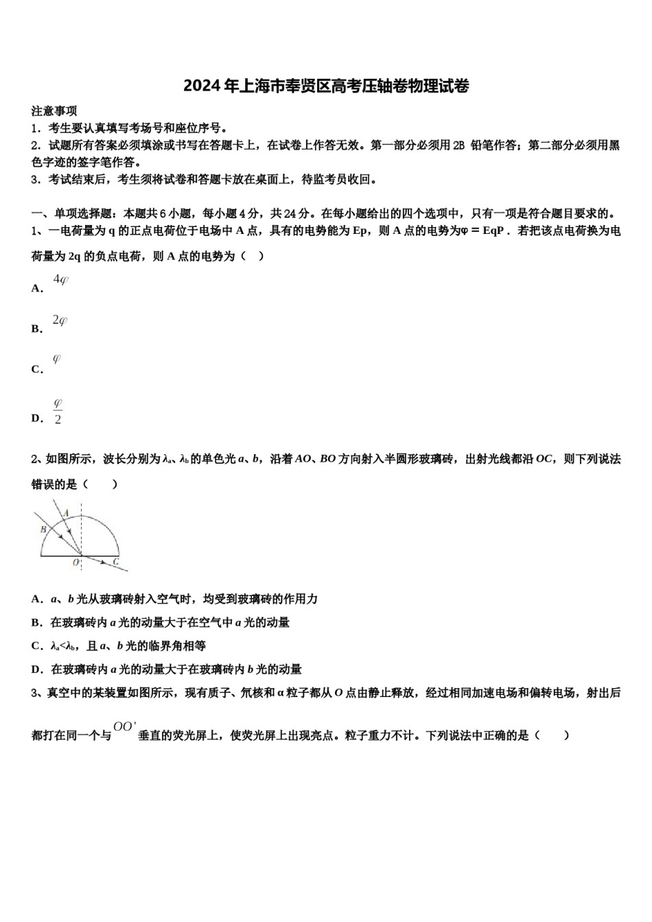 2024年上海市奉贤区高考压轴卷物理试卷含解析.doc_第1页