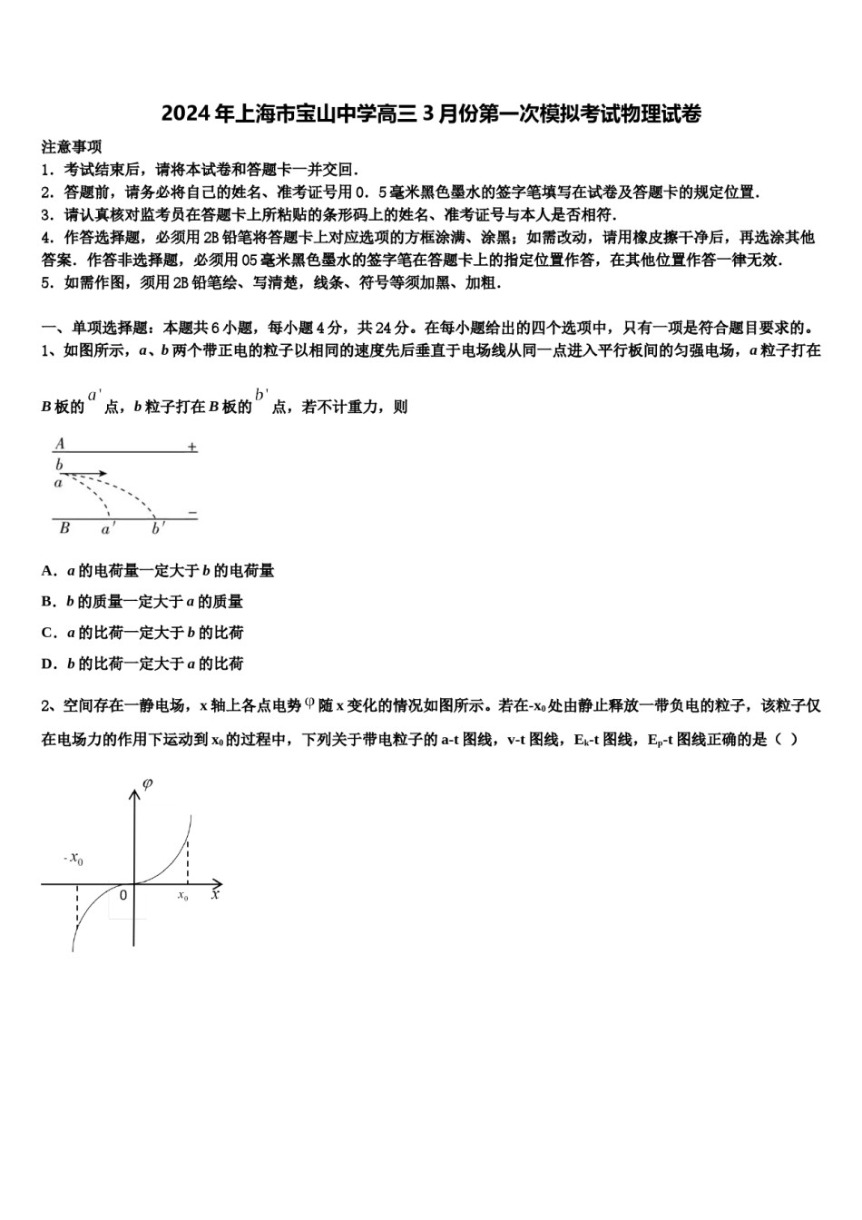 2024年上海市宝山中学高三3月份第一次模拟考试物理试卷含解析.doc_第1页