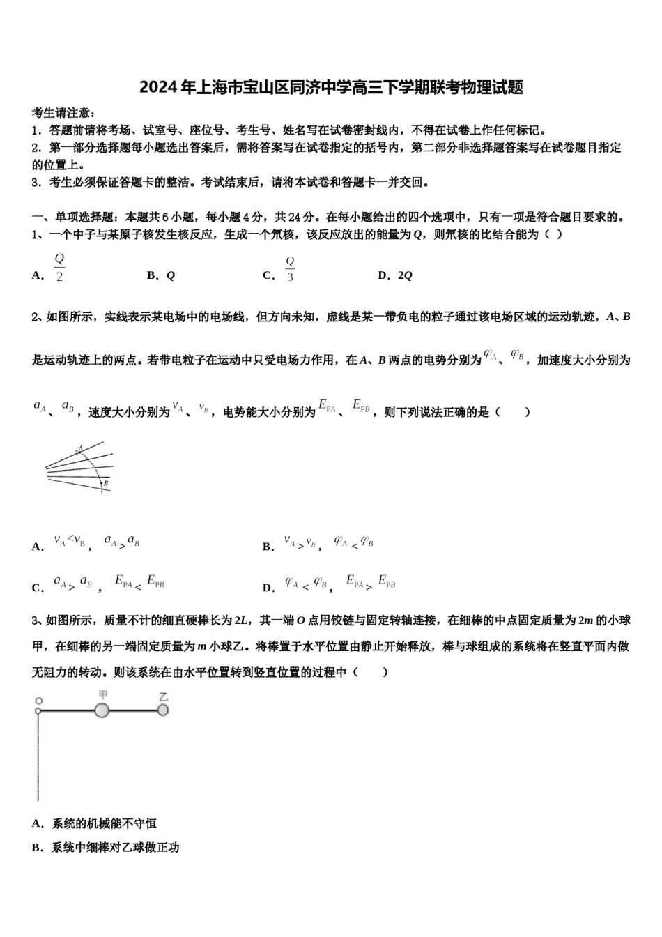 2024年上海市宝山区同济中学高三下学期联考物理试题含解析.doc_第1页