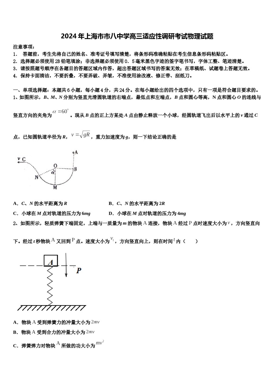 2024年上海市市八中学高三适应性调研考试物理试题含解析.doc_第1页