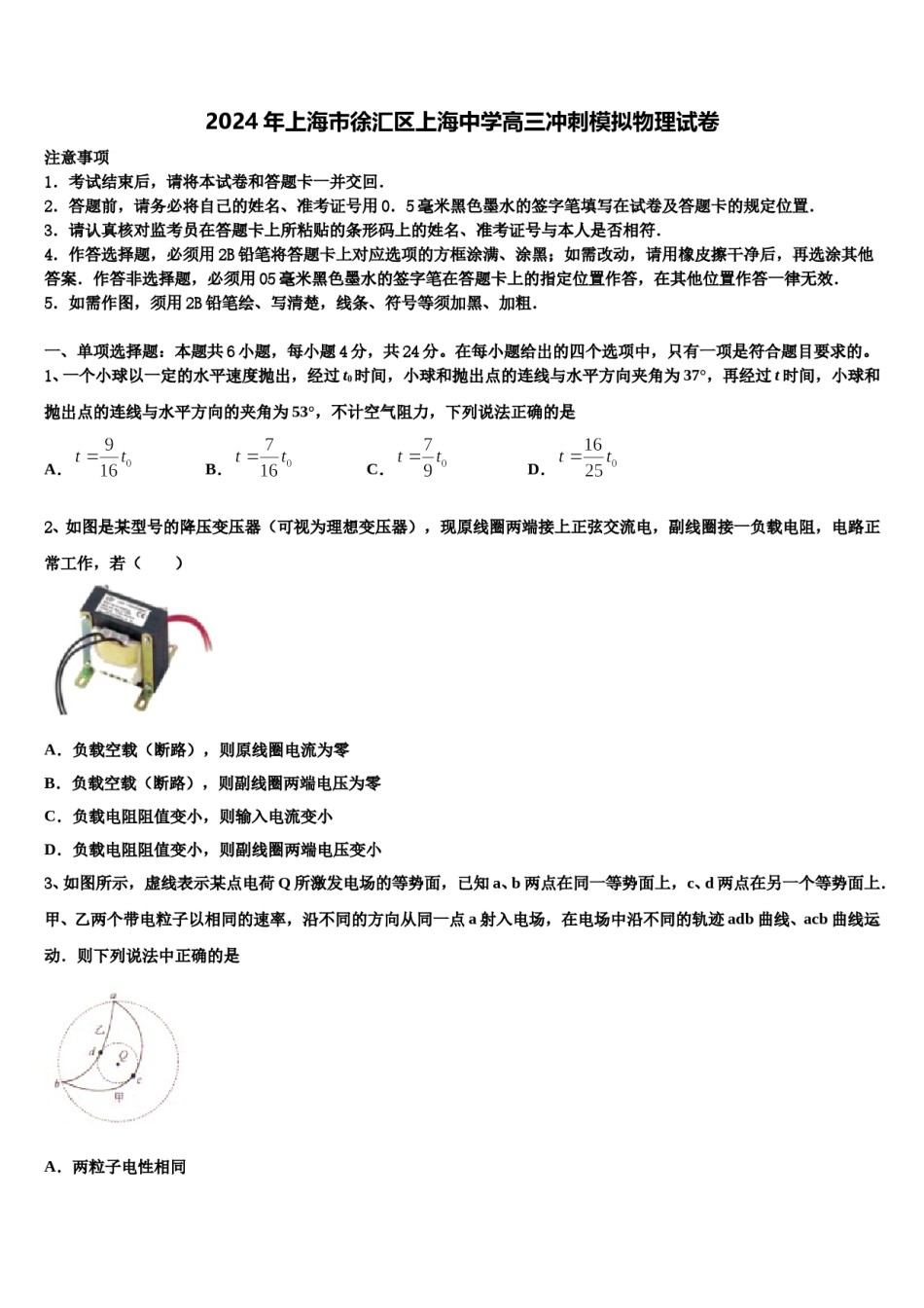 2024年上海市徐汇区上海中学高三冲刺模拟物理试卷含解析.doc_第1页