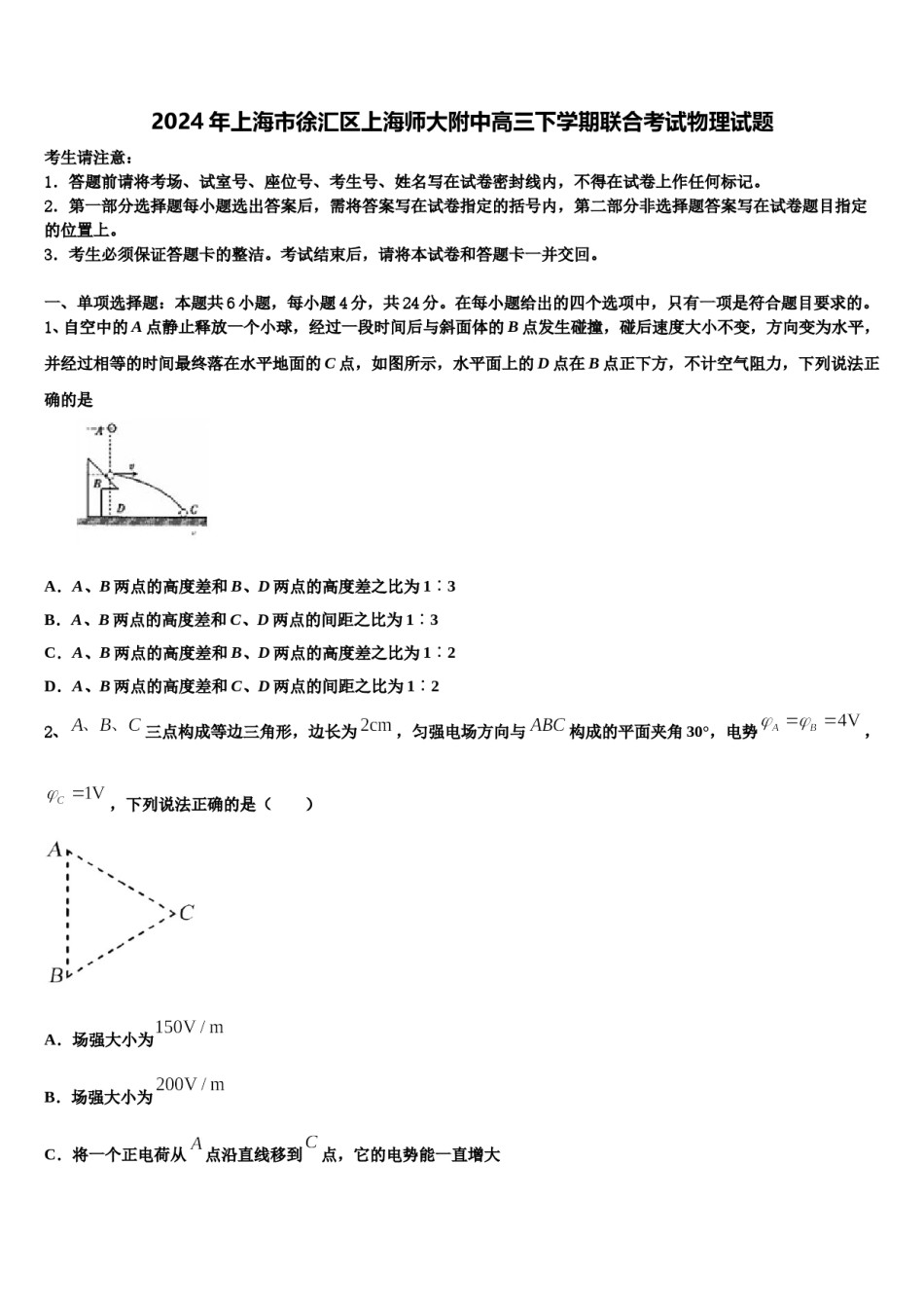 2024年上海市徐汇区上海师大附中高三下学期联合考试物理试题含解析.doc_第1页