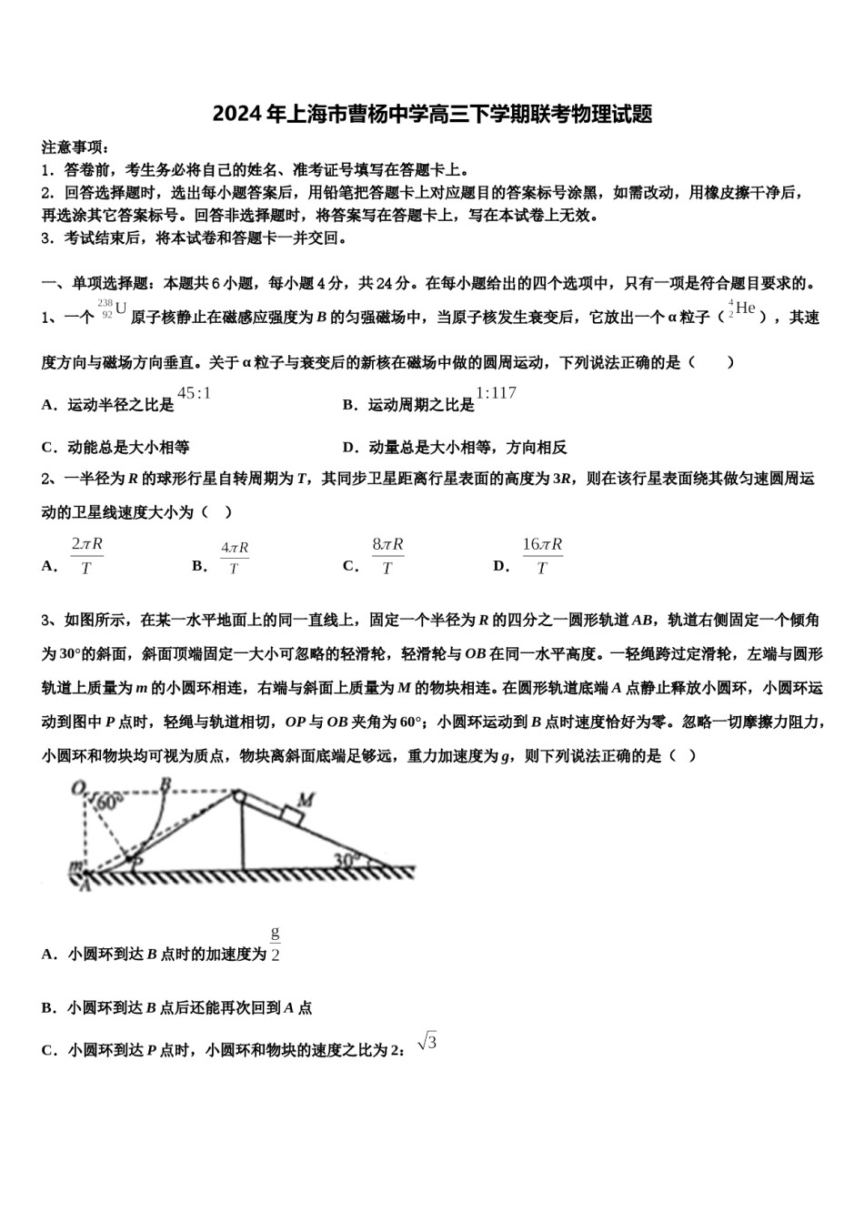 2024年上海市曹杨中学高三下学期联考物理试题含解析.doc_第1页