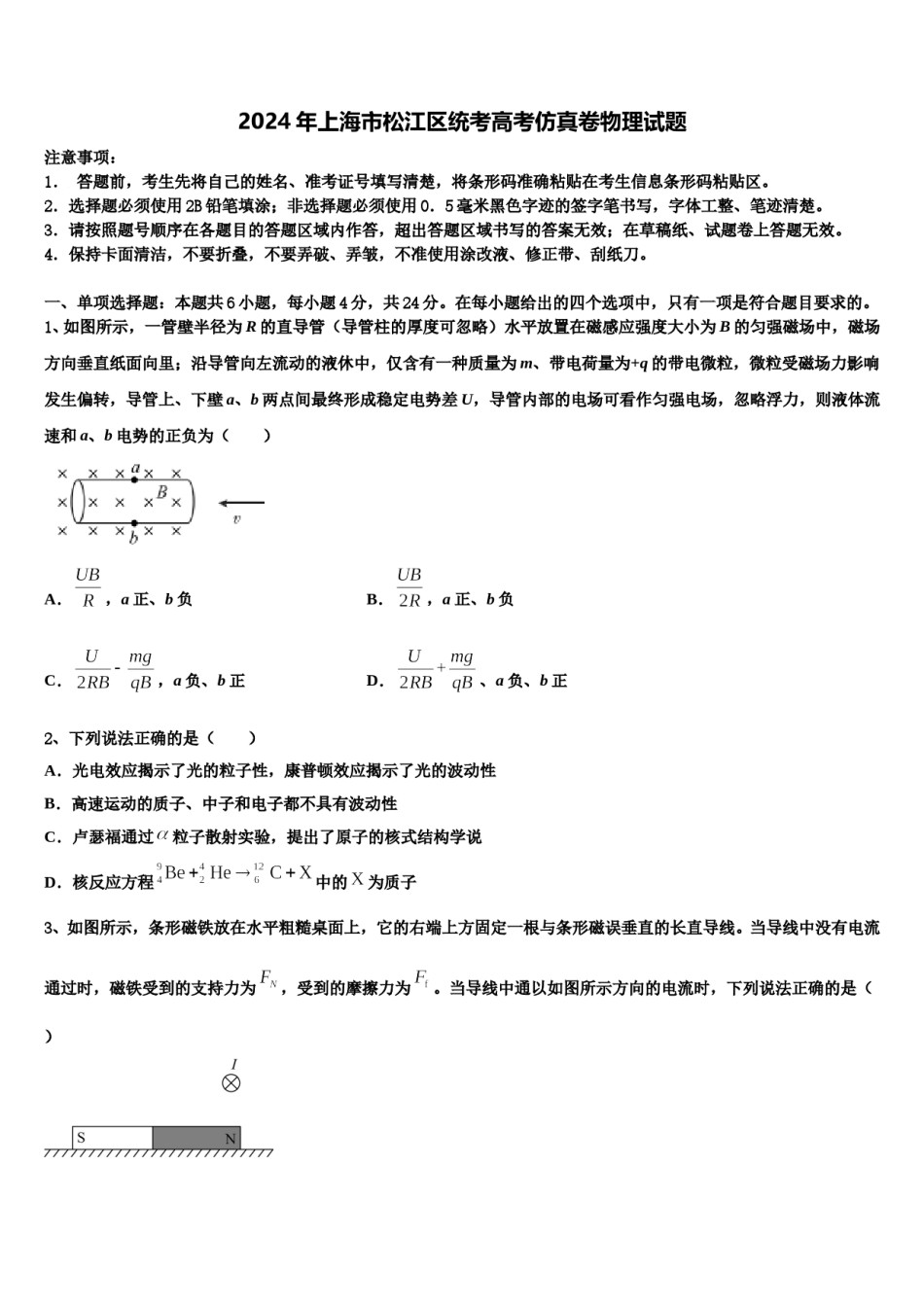2024年上海市松江区统考高考仿真卷物理试题含解析.doc_第1页