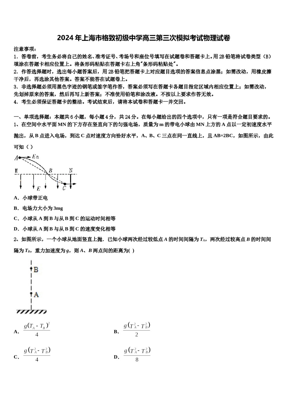2024年上海市格致初级中学高三第三次模拟考试物理试卷含解析.doc_第1页