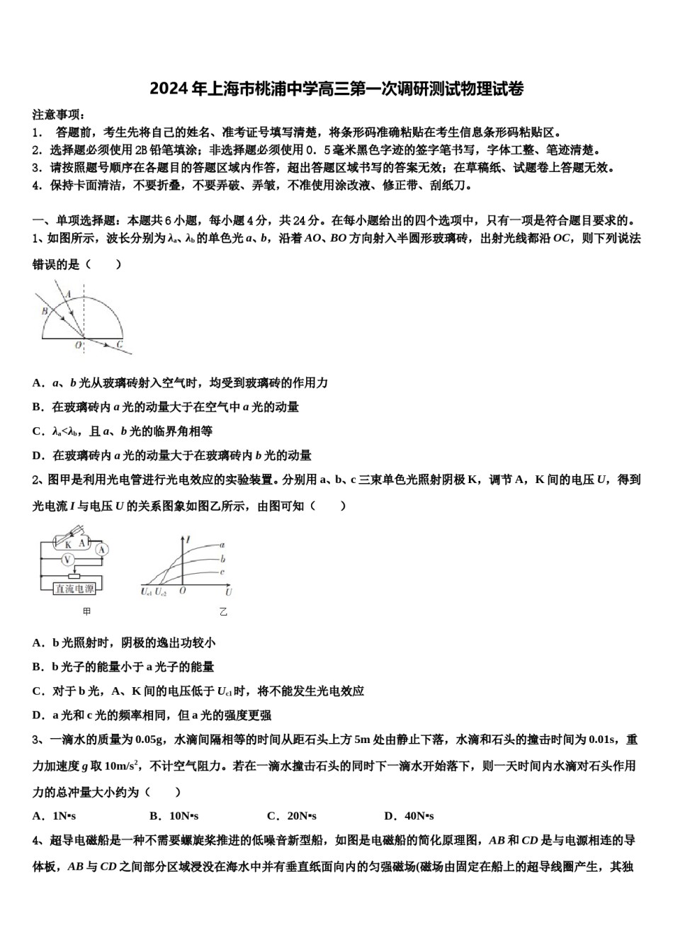 2024年上海市桃浦中学高三第一次调研测试物理试卷含解析.doc_第1页