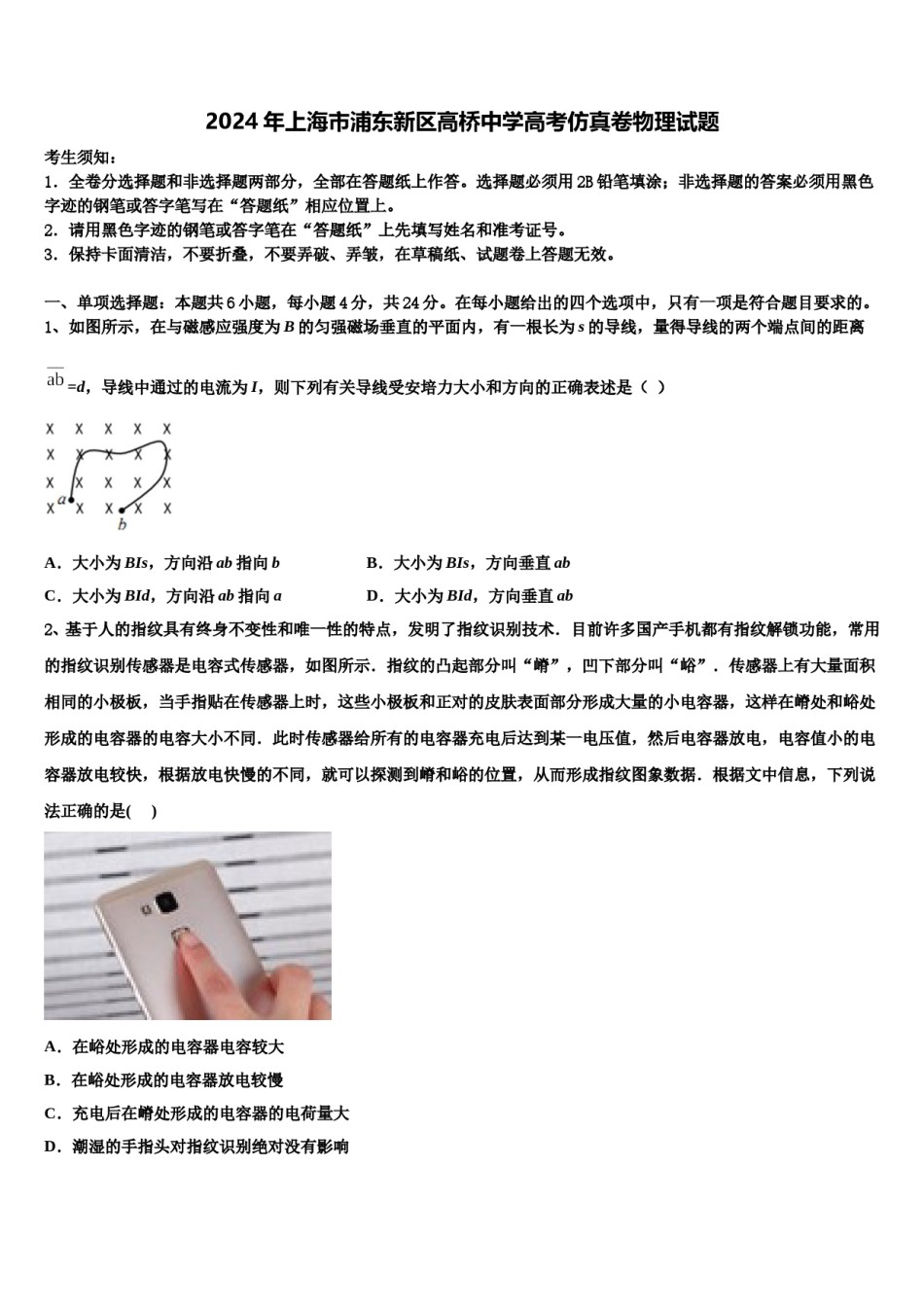 2024年上海市浦东新区高桥中学高考仿真卷物理试题含解析.doc_第1页